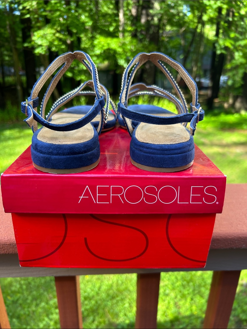 AEROSOLES Navy Blue Suede Chain-Trim Sandals - Picture 4 of 6